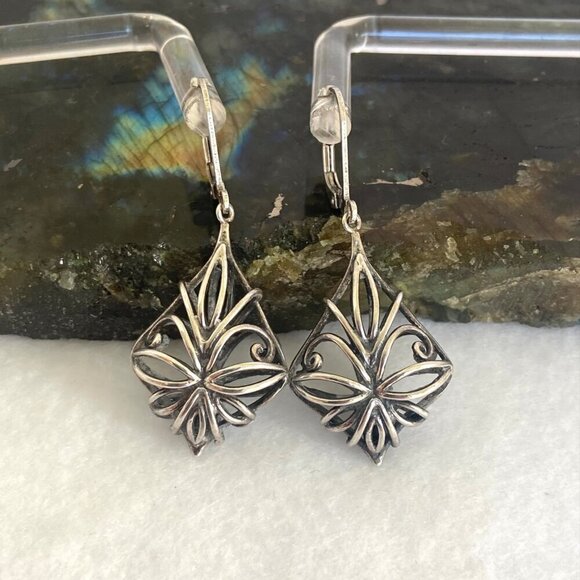 Sterling Silver 925 CFJ Filigree Openwork Scrollwork Leverback Dangle Earrings - Picture 4 of 16